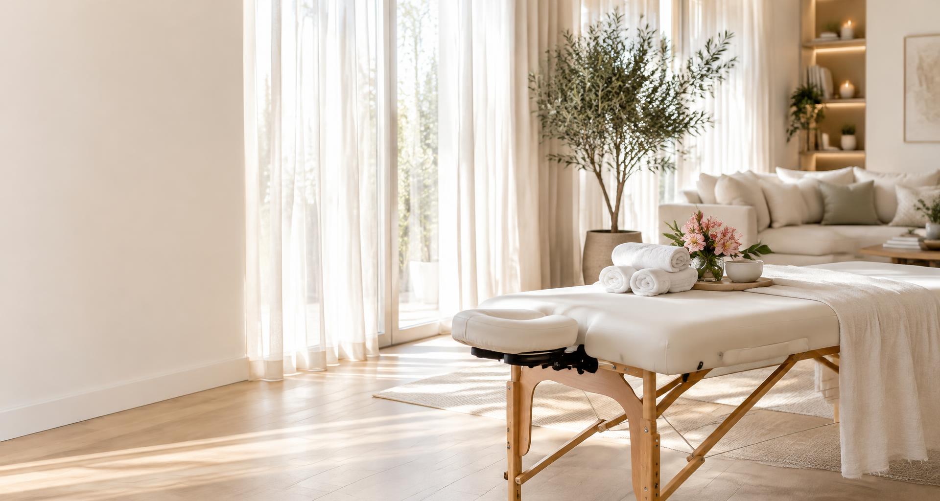 A professional massage table in a sunlit, peaceful living room